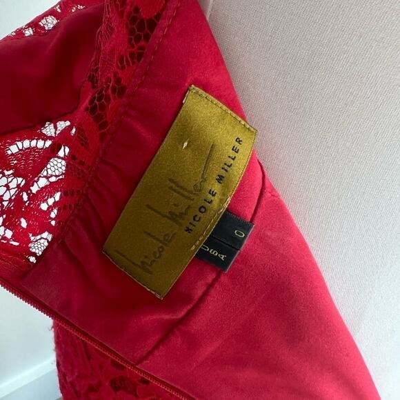 NICOLE MILLER RED SHORT SLEEVE COMBO DRESS MIDI LACE ILLUSION SIZE 0 - Picture 9 of 10